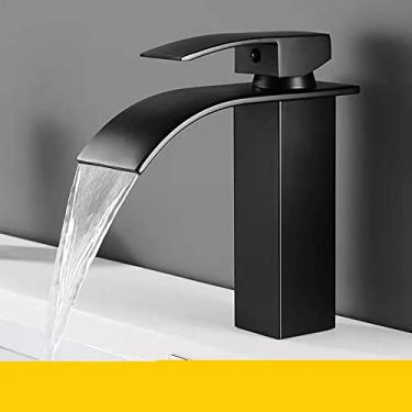 Imagem de Torneira de pia de ouro escovado saída de cachoeira torneira misturadora quente fria torneiras de montagem em deck torneira de lavatório para banheiro, preto fosco