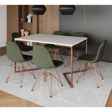 Imagem de Mesa Jantar Industrial Branca Base V Cobre 137x90cm 6 Cadeiras Estofadas Verdes Eiffel Cobre 