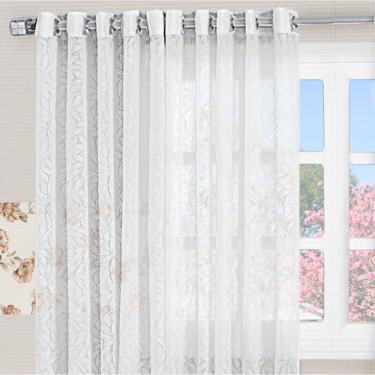 Imagem de Cortina Para Cozinha 2,00M X 1,70M Charme Tecido Renda Floral Para Varão Simples - Branca