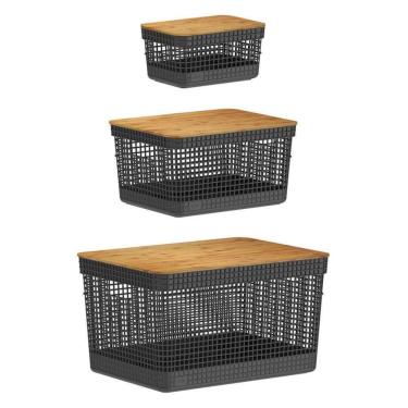 Imagem de Kit De Cesto Organizador Grid Preto Com Tampa De Bambu 03 Peças