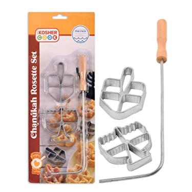 Imagem de Chanukah Fritlach Rosette Maker – Conjunto de ferro de roseta de aço inoxidável com alça – Conjunto de rosetas Hanukkah de 3 peças – Molde de roseta Dreidel e Menorah The Kosher Cook