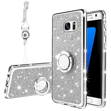 Imagem de KuDiNi Capa para Samsung S7, capa de telefone Samsung Galaxy S7 para mulheres com glitter cristal macio e transparente TPU luxuosa capa protetora fofa com alça de suporte para capa S7 (prata brilhosa)