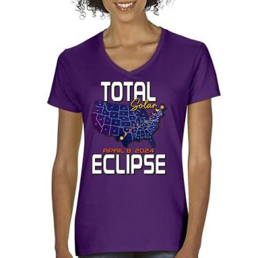 Imagem de Total Solar Eclipse Map Camiseta feminina gola V relógio apenas com óculos eclipse 8 abril 2024 festa astronomia sol lua camiseta, Roxa, XXG