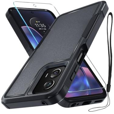 Imagem de Capa para Motorola Moto G 5G 2024, capa protetora de celular resistente à prova de choque de corpo inteiro com alça de cordão, protetor de tela de vidro temperado, preto fosco