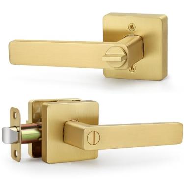 Imagem de LOQRON Maçaneta de porta quadrada de privacidade sem chave, maçanetas douradas escovadas, maçaneta de porta dourada resistente com trava de privacidade maçaneta reversível para portas de banheiro de