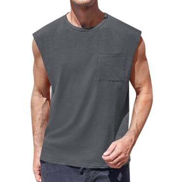 Imagem de ZIWOCH Camiseta regata masculina sem mangas para treino e academia muscular com bolso, Cinza escuro, M