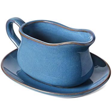 Imagem de LE TAUCI Molheira de cerâmica com suporte para pires, conjunto de 1, molheira de cerâmica com bandeja para molhos de salada, creme, caldo, pimenta preta, azul ceilão
