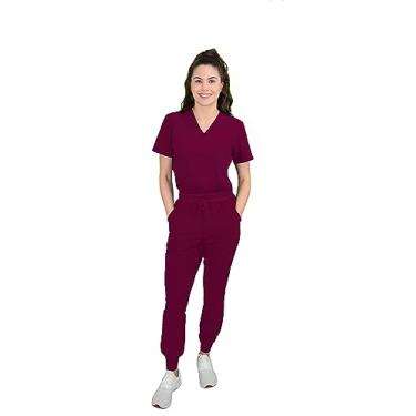 Imagem de Green Town Blusa feminina com gola V e calça de ioga slim fit jogger conjunto médico GT 4FLEX blusa e calça, Vinho, X-Large Petite