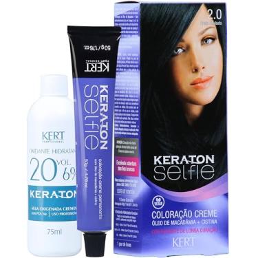 Imagem de Coloração permanente em creme para cabelos, Com cistina e óleo de macadâmia, Selfie, 50g, Keraton, Nº 2.0 Preto Azulado