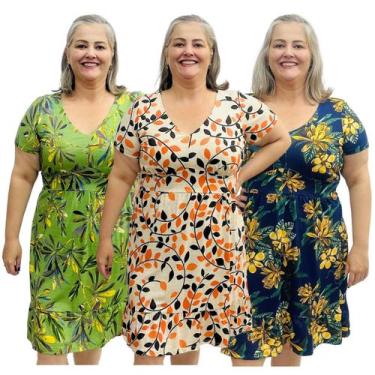 Imagem de Kit 3 Vestidos Estampados Plus Size Manga Curta Midi Gola V Frente Dup