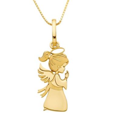 Imagem de Colar Feminino 40cm Cordão Veneziana Ouro 18k Pingente Anjo - DR Jóias