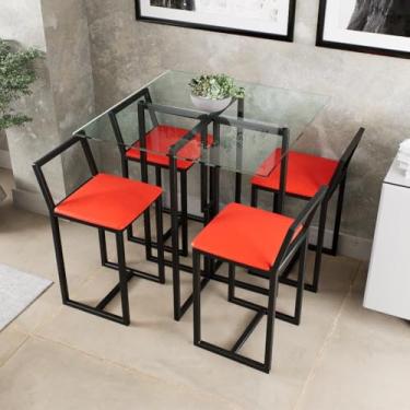 Imagem de Conjunto Mesa Vidro 4 Cadeiras Pequena Estofado Industrial Black (VERMELHO)