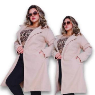 Imagem de Casaco Feminino Plus Size Sobretudo Tecido Lã Batida Bolso e Faixa - A