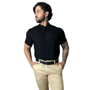 Imagem de Camisa Social Botão Masculina Moda Praia Gola Padre Manga Curta - Volg