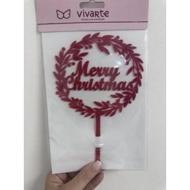 Imagem de Topo Topper de Bolo Natal Merry Christmas Acrílico Vermelho 20 cm Viva