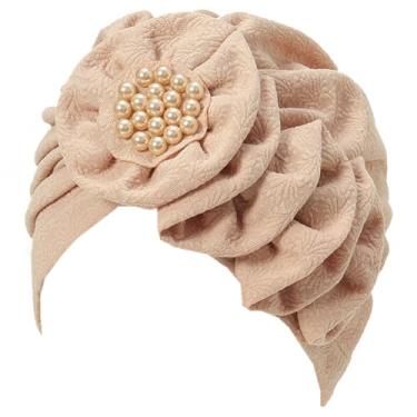 Imagem de YYAOJHAO Toucas femininas de turbante com flores – Toucas de cabeça sólidas com contas elásticas para quimioterapia chapéus de câncer para cobertura de queda de cabelo, Caqui, tamanho �nico