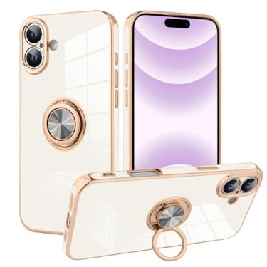 Imagem de KANGHAR Capa para iPhone 16 Plus com suporte de anel de telefone proteção total banhada a ouro rosa borda luxuosa capa com suporte para iPhone 16 Plus 5G mulheres homens - branco antigo