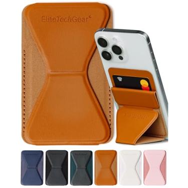 Imagem de Elite Tech Gear Suporte seguro para cartão de telefone com suporte ajustável - compatível com iPhone e Android - capa de telefone adesiva para cartões - couro vegano, Marrom, Couro