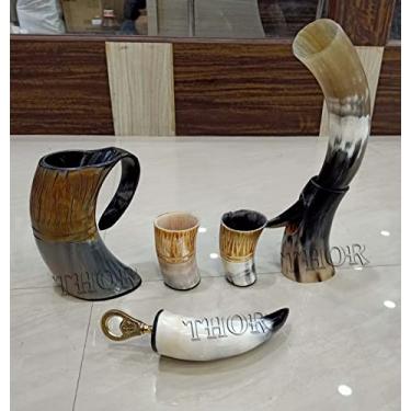 Imagem de Caneca de chifre com suporte - tanque - abridor de garrafas - copo de shot estilo viking caneca de cerveja vinho hidromel para presente rústico vintage decoração de casa presentes