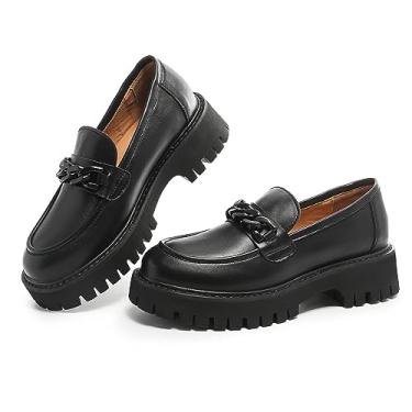Imagem de MACNMEUU Mocassins grossos femininos plataforma mocassins para mulheres salto grosso sola saliente mocassins para mulheres sem cadarço bico redondo, Corrente preta, 37