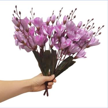 Imagem de 2 peças de buquê de flores de seda de magnólia artificial rosa roxa de 40,6 cm, orquídeas falsas, orquídeas de seda que parecem reais para decoração de casa, buquê de casamento, plantas artificiais ao