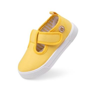Imagem de Sonsage Tênis infantil de lona para meninos e meninas, sola macia, com tira em T, leve, confortável, clássico, sapatilha, antiderrapante, para crianças pequenas, A01 Amarelo, 21