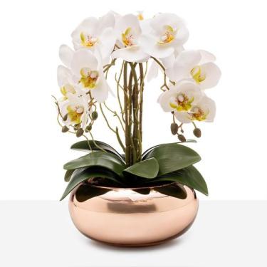 Imagem de Arranjo Orquídea Silicone 4 Hastes Vaso Espelhado Rosê Gold - Floralis