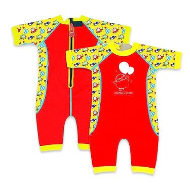 Imagem de Cheekaaboo Warmiebabes Roupa de banho para bebês e crianças, maiô térmico para bebês feito com neoprene FPS 50+, roupa de mergulho de secagem rápida, Transporte vermelho/céu, 6-12 Meses