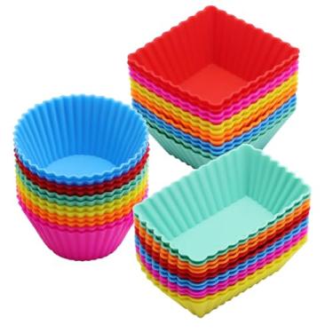 Imagem de Pacote com 24 copos de silicone para muffins, forros de cupcake reutilizáveis para assar, 3 formas de lancheira, divisórias bentô - redondas, quadradas e retangulares