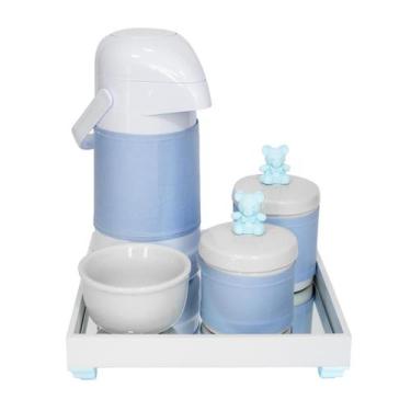 Imagem de Kit Higiene Espelho Potes, Garrafa, Molhadeira e Capa Ursinho Azul Qua