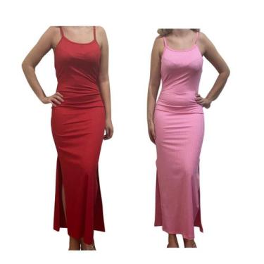 Imagem de Kit c/2 Vestidos Longo Canelado com Fenda - Empório J, Vermelho, Rosa 