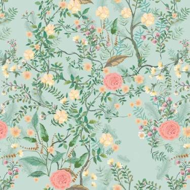 Imagem de VEELIKE Papel de parede floral verde aqua vintage chinoiserie papel de parede para banheiro quarto 17,7 x 354 polegadas amigável para locatários papel de contato floral removível para paredes