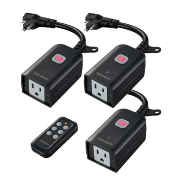 Imagem de SURAIELEC kit de tomada de controle remoto sem fio para exterior, interruptor de alimentação remoto à prova d'água, 15 A, alcance de 100 pés, 1 controle remoto, 3 tomadas para o Natal, luzes