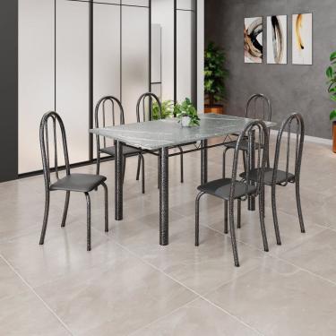 Imagem de Conjunto de Mesa Tubular 140cm X 75cm Tampo em Granito Topázio com 6 Cadeiras Iris Preto / Prata