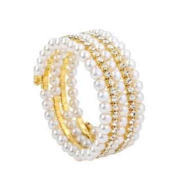 Imagem de KIFEDSLJ Pulseira de imitação de pérola larga de cristal dos anos 20 multicamadas com cristais de pérolas para mulheres, bijuterias de casamento, elastic, imitação de pérola, imitação de pérola