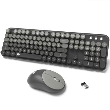 Imagem de Combo de teclado e mouse sem fio, 104 teclas redondas, teclado e mouse coloridos sem fio com máquina de escrever retrô, preto