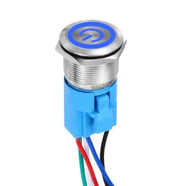 Imagem de DMiotech 1 peça interruptor de botão de travamento de aço inoxidável de 2,7 cm 5 pinos 1NO1NC 5A 12-24V botão plano prata botão azul lâmpada com plugue soquete com fio para sistemas de barcos de carro