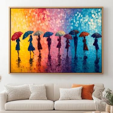 Imagem de Arte de parede Walking in the Rain Pintura abstrata de rua da cidade azul laranja e amarelo imagem de parede abstrata guarda-chuva arte de parede coloridas impressões de parede abstratas pessoas