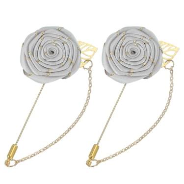 Imagem de uxcell 2 peças de broche de lapela rosa para ternos masculinos, broche de flores de pano feito à mão com folha de ouro/corrente para acessórios de terno casamento de noivo, cinza prateado, 9.5 cm
