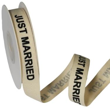 Imagem de YKW Fita de algodão Just Married, fita de sarja natural de 1,5 cm x 10 m, acabamento em espinha de peixe creme para carros de casamento, decoração de recepção e presentes de lua de mel
