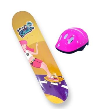 Imagem de Skate Para Crianças Semi Profissional Infantil Meninas Esporte Radical Fadinha Raissa Leal Olimpiadas Prancha Amarela e Capacete Rosa