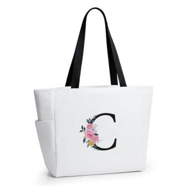 Imagem de KALIDI Sacola de praia personalizada, bolsa de compras com zíper inicial do alfabeto para mãe, professora, amiga, casamento, compras diárias, Bege-c, Large