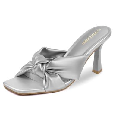 Imagem de PIZZ ANNU Sandália feminina Ariana com nó de salto quadrado aberto bico alto stiletto mules sem cadarço confortável bonito casual sapato sapato, Prata, 40