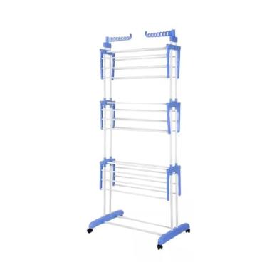 Imagem de Varal De Chão De Roupas 3 Andares Dobrável Grande 4 Rodas(Azul)