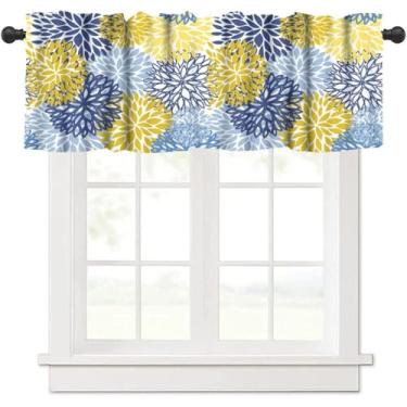 Imagem de Cortinas florais azuis amarelas para janela de cozinha, boho, dália, flores, haste, bolso, sanefa, tratamentos, quinta, coberturas curtas, 137 x 45 cm, 1 painel