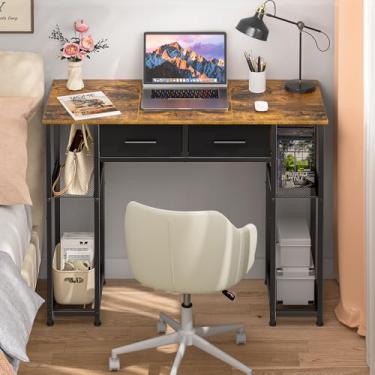 Imagem de DAOUTIME Mesa de computador com gavetas, mesa de trabalho para escritório doméstico de 94 cm com prateleira de armazenamento, mesa de estudo para crianças e adolescentes para pequenos espaços, mesa de
