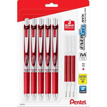 Imagem de Pentel Canetas de tinta gel líquido EnerGel 0,7 mm – Pacote com 5 canetas vermelhas Deluxe RTX Energel com 3 recargas