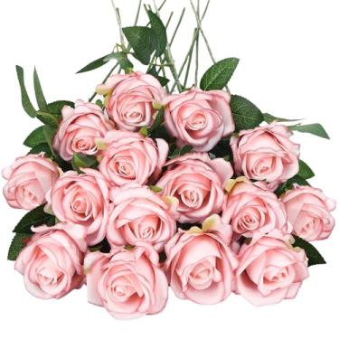 Imagem de Ovveroche 80 peças de flores artificiais, rosa claro de seda, rosa claro, pétalas de rosas falsas, rosas de caule longo, rosas para decoração de festa de casamento em casa