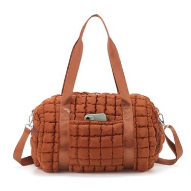 Imagem de Bolsa esportiva acolchoada para mulheres, grande bolsa esportiva para viagem de fim de semana com compartimento para sapatos, bolsa de ginástica macia e fofa para avião, Marrom