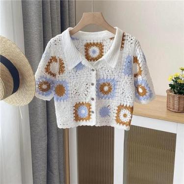 Imagem de Cardigan Feminino Boho Crochê - Manga Curta, Malha Aberta e Gola Quadr